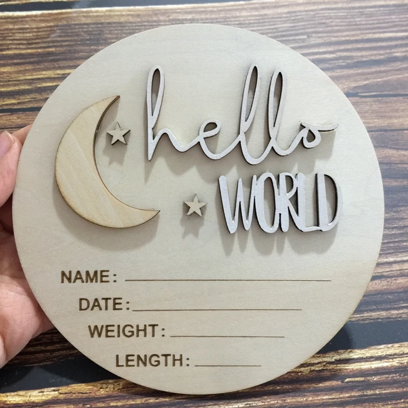 10PCS Star Moon Wooden Newborn Announcement Board Large 6 Inch Hello World Newborn Name Tag Hospital Birth Announcement Board