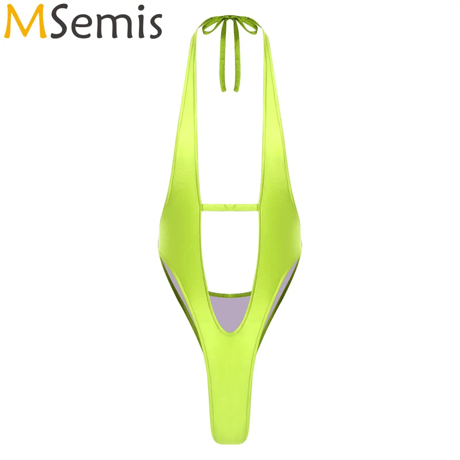 

Womens Satin Mankini Swimwear Pool Party Swimsuit Halter Plunging V Neck Backless Sling Shot Bodysuit One Piece Bathing Suit
