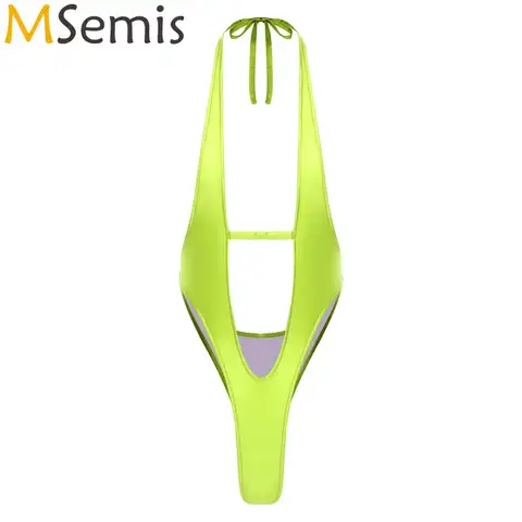 Womens Satin Mankini Swimwear Pool Party Swimsuit Halter Plunging V Neck Backless Sling Shot Bodysuit One Piece Bathing Suit