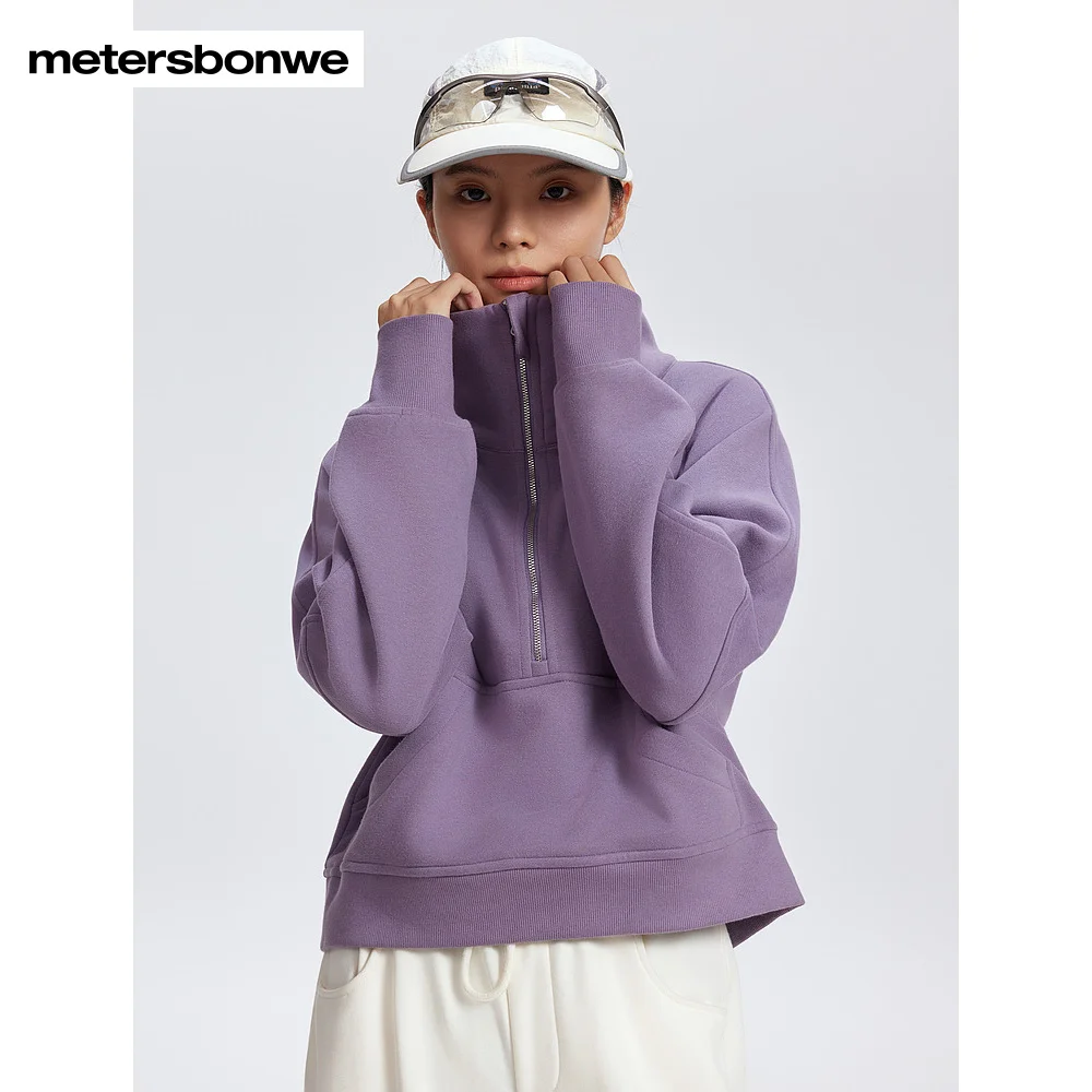 

Metersbonwe-Women's Inner Fleece Fabric Loose Sweatshirt Round Neck With Half Zipper Adjust The Height Of The Collar Winter