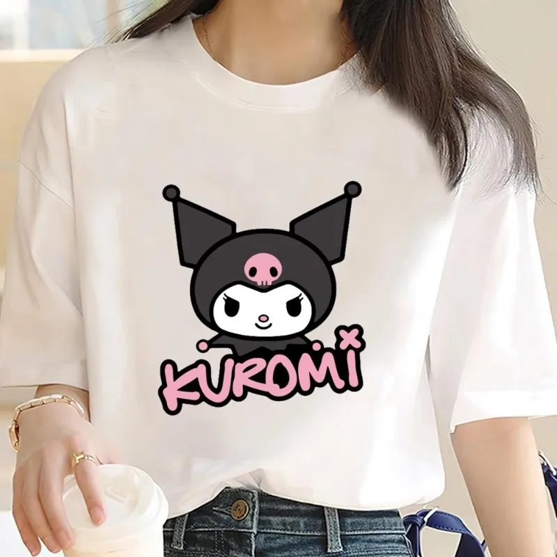 

Новая летняя хлопковая женская футболка Sanrio Kuromi с графическим принтом Kawaii, милые свободные индивидуальные топы Y2k, футболка с круглым вырезом для пары