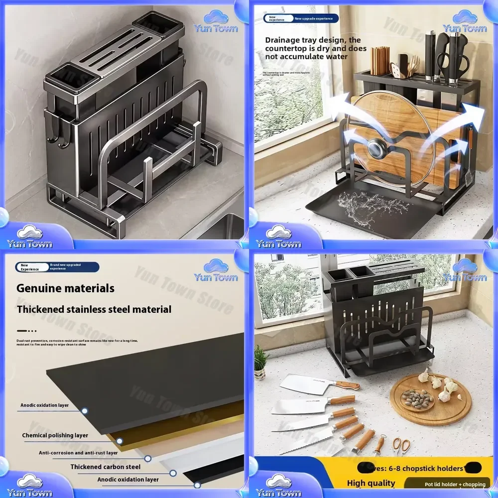 Modern Home Kitchen Storage Rack for Multifunctional Integrated Knife Chopsticks Board Pot Lid Rack Wall Mounted Organizer