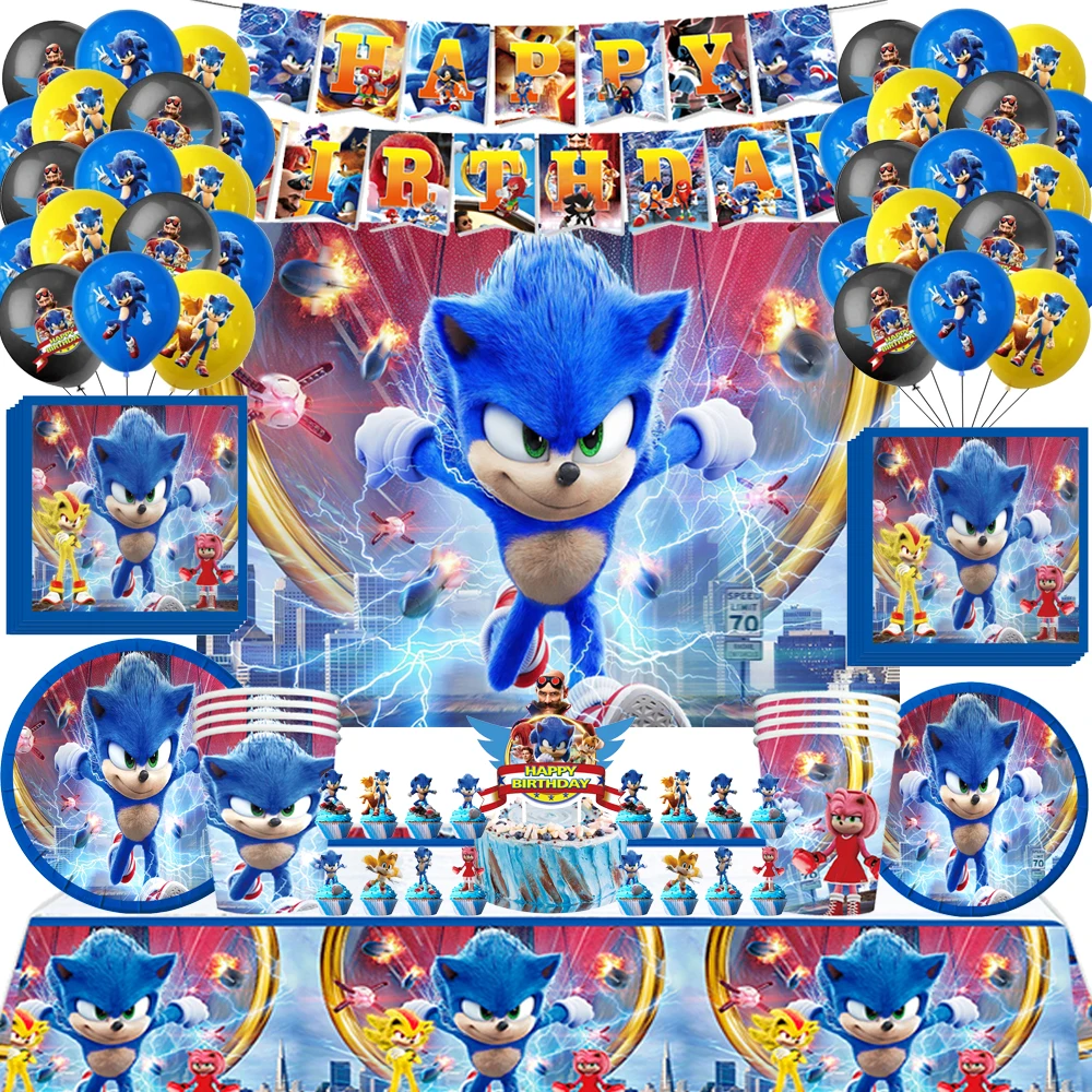 New Sonics Birthday Party Decoration Anime Sonics Disposable Tableware Set Balloons Banner Plates for Baby Shower Supplies Gifts