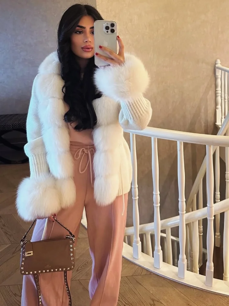 

Женский вязаный свитер из искусственного меха, кардиган, весенне-осенний элегантный вязаный свитер с воротником из искусственного лисьего меха, женское модное пальто, шуба