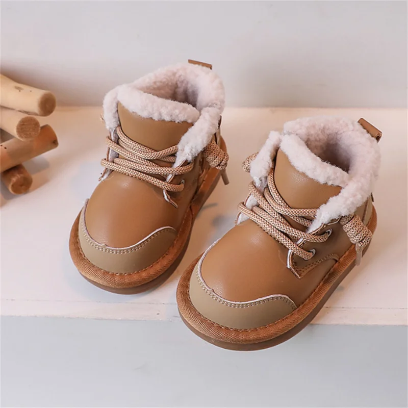 2023 New Winter Baby Boots For Boys Leather Warm Plush Little Girls Shoes Waterproof Non-slip Fashion Toddler Kids Snow Boots