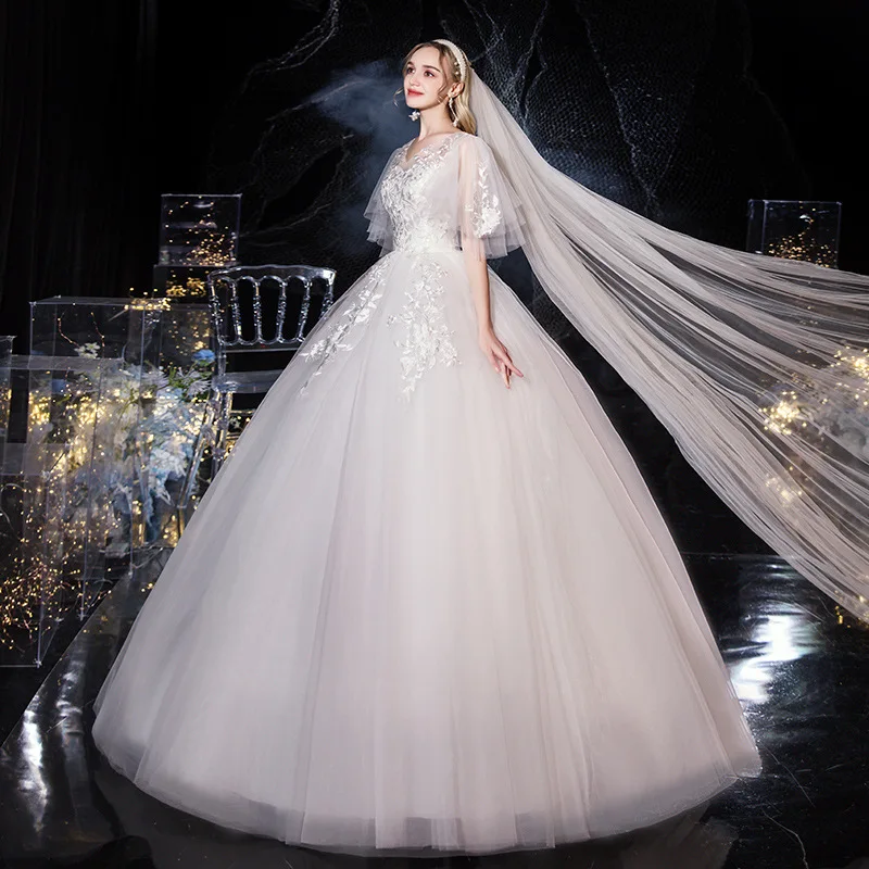 新しいセクシーな V ネックバットウィングスリーブ妊婦のウェディングドレス女性クラシックレースフラワープラスサイズレースアップボールガウン Vestido カスタマイズ