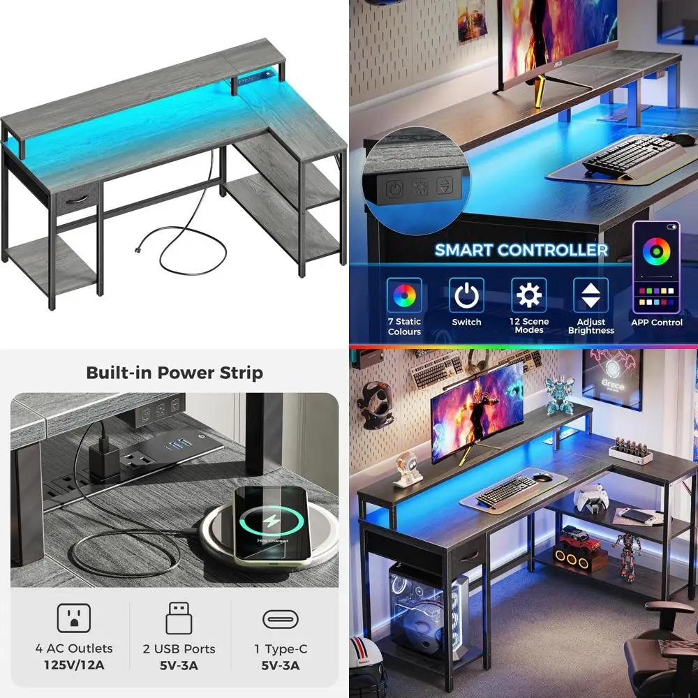 

53 Inch Dual-Sided Desk with LED Lighting and Power Outlets, Computer Desk with Storage Shelves and Monitor Stand for Gaming and