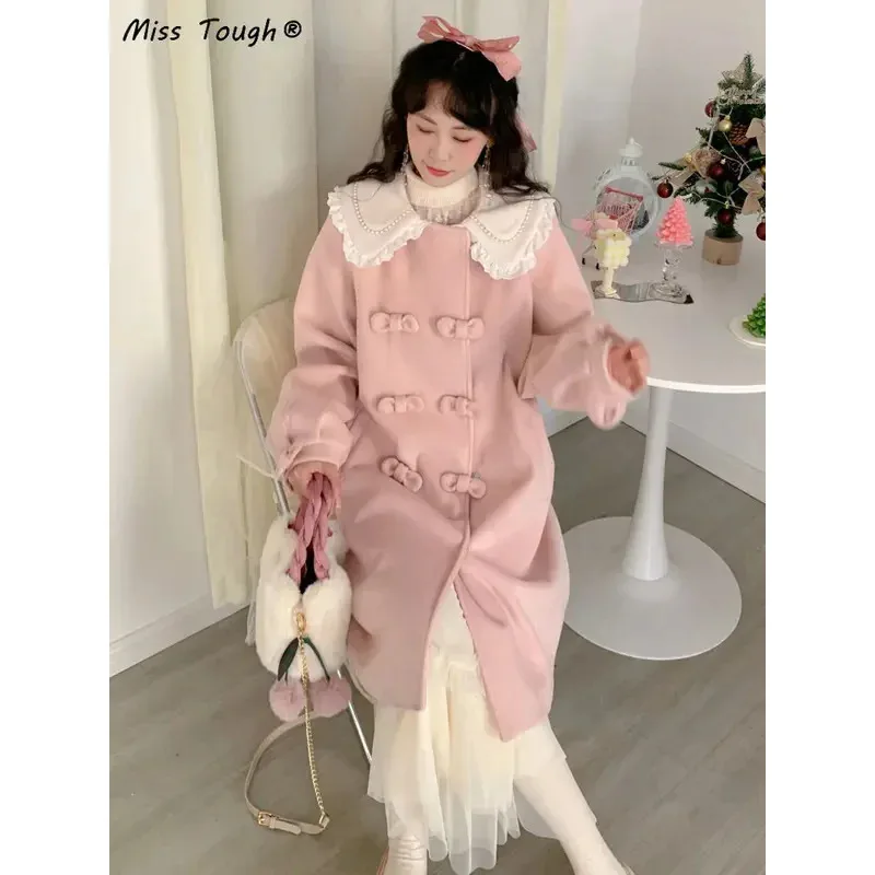 Pink Kawaii Warm Wool Coat Winter Women Bow Sweet Long Outwear Jackets Female Korean Fashion Designer Thick Overcoat 2024 N NM33 view 2