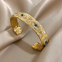 18K Gold Plated Green Evil Turkish Eye Bangles Stainless Steel Opening Cuff Bracelet for Women Cuff Pleated Vintage Jewelry Gift
