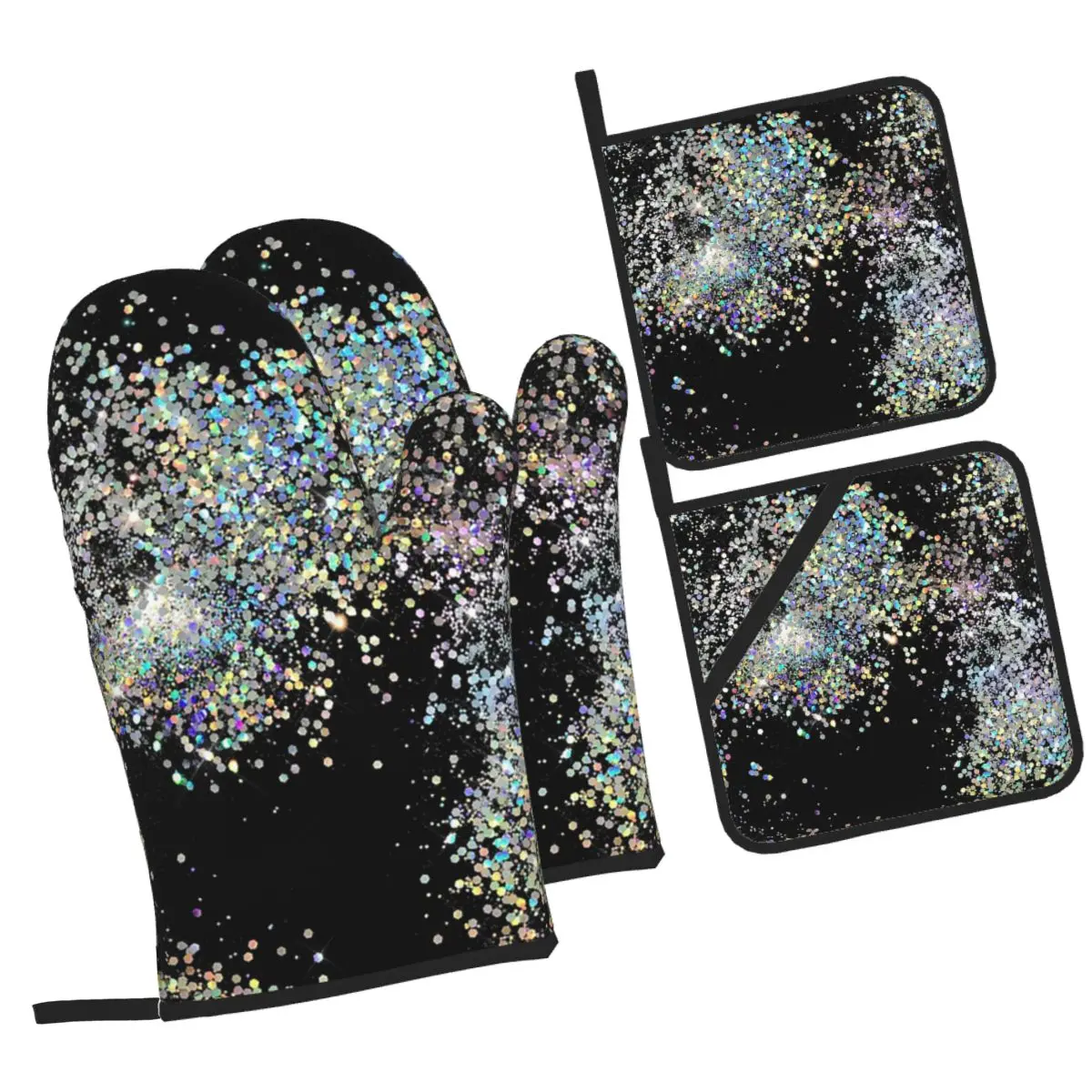 Black And Multicolor Sequins Faux Oven Mitts and Pot Holder Sets of 4 for Baking Kitchen Cooking BBQ Resistant Non-Slip Gloves