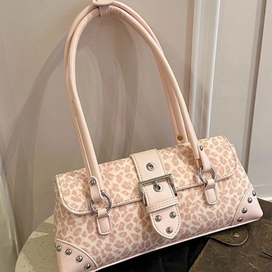Women Y2K Leopard Print Baguette Underarm Bag Rivet PU Leather Magnetic Buckle Handbag Vintage Single Shoulder Bag Purse