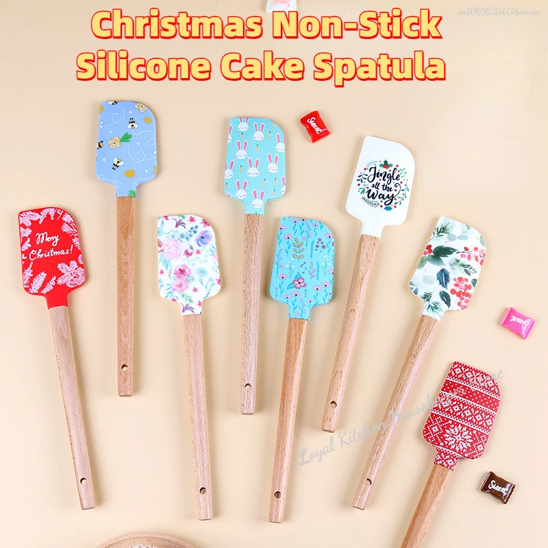 Christmas Non-Stick Silicone Cake Spatula Wooden Handle Chocolate Butter Mixer Pastry Cream Scraper Baking Kitchen Accessories