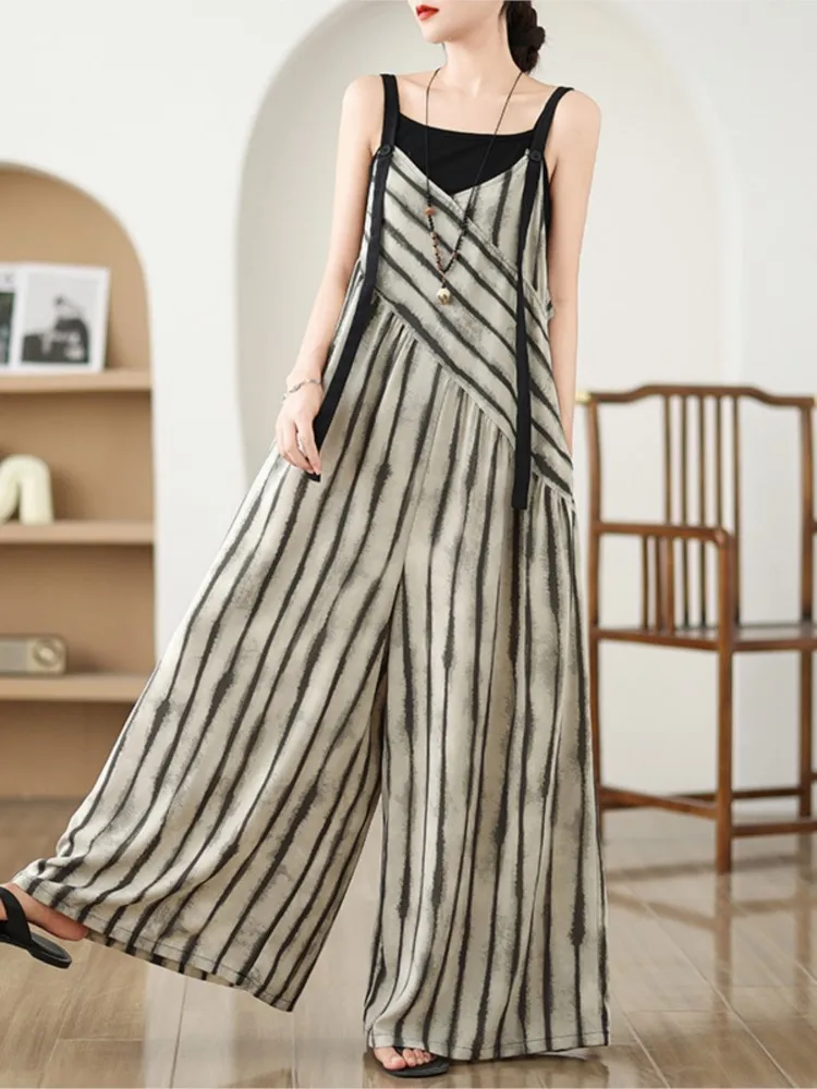 Oversized Summer V-Neck Slip Jumpsuit Women Striped Print Fashion Ladies Jumpsuits Casual Loose Wide Leg Pleated Woman Jumpsuits