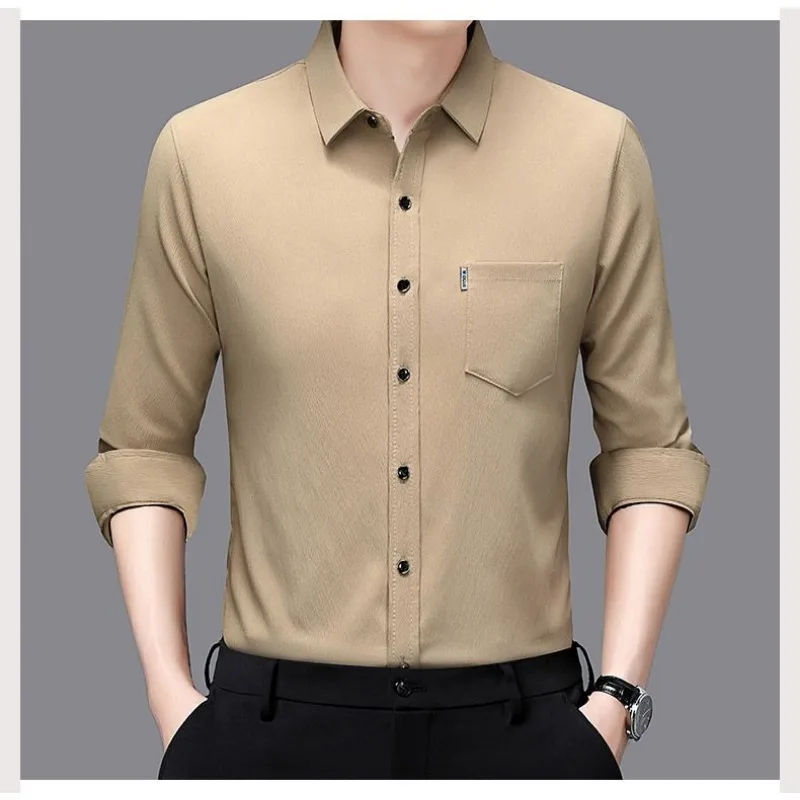 Camisa masculina de chiffon de manga comprida de alta qualidade com bolso cor sólida nova camisa versátil na primavera outono