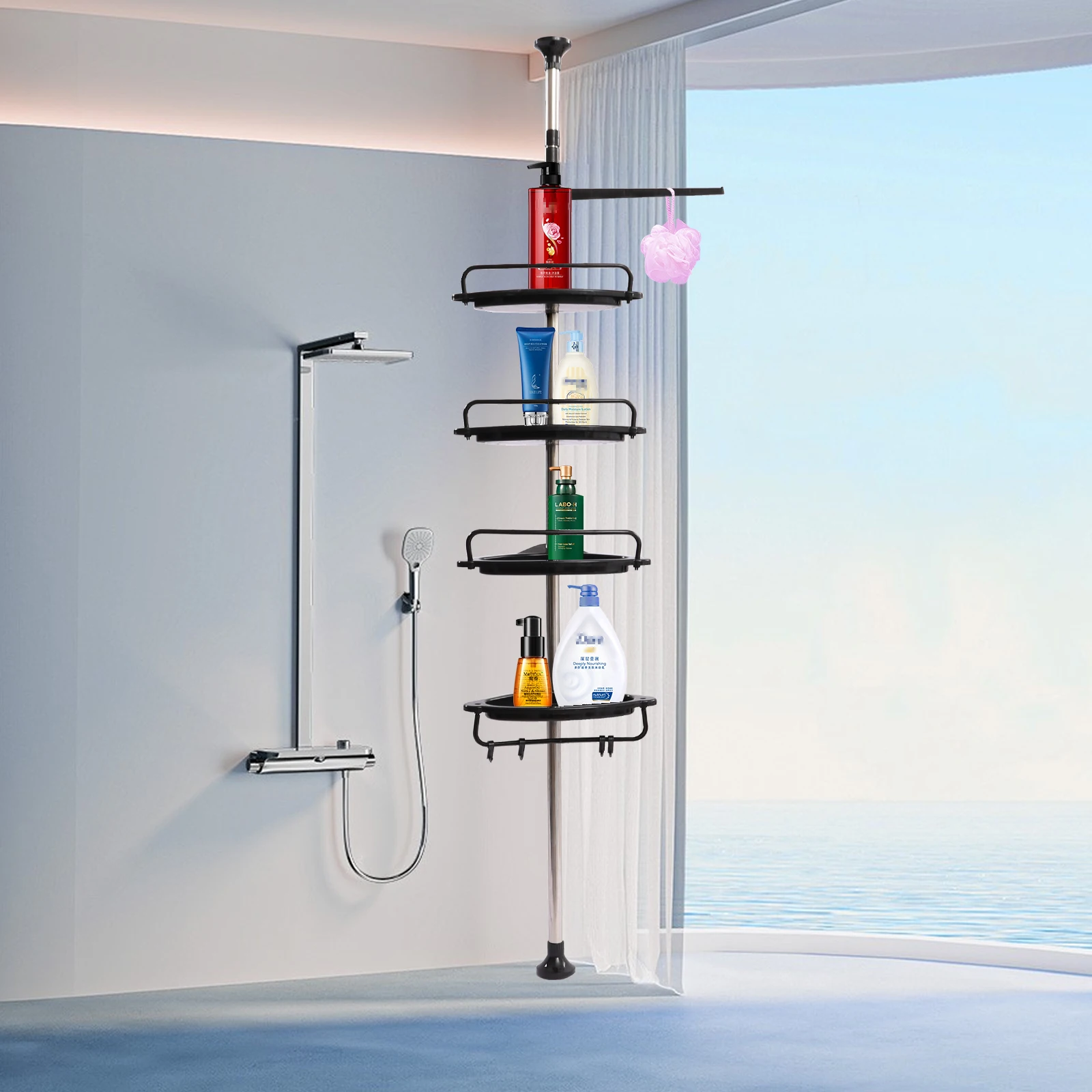 Adjustable 105cm-320cm Height 4 Shelves Bathroom Shelf Telescopic Shower Shelf Shower Corner Shelf Without Drilling