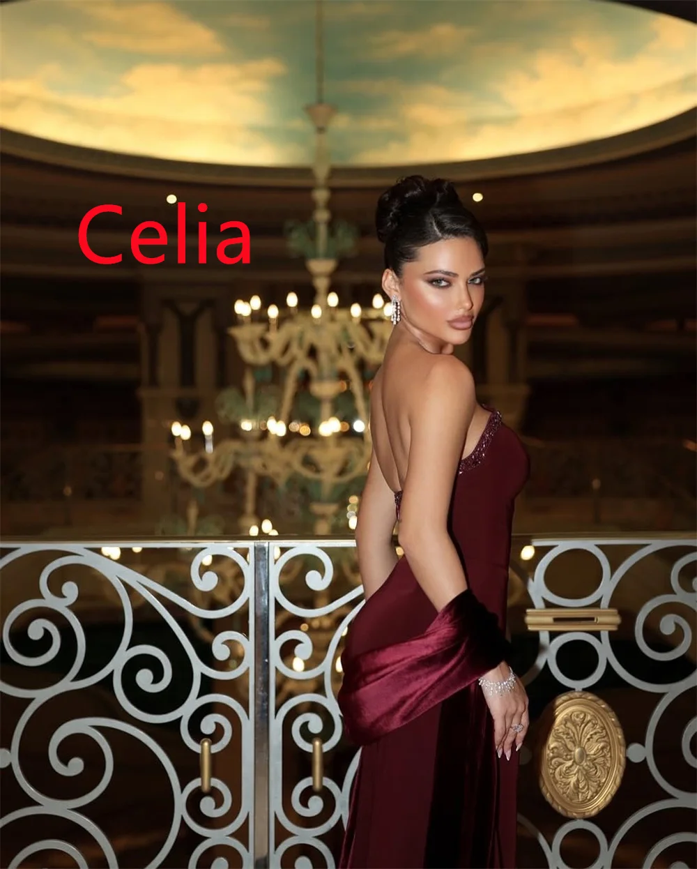 Customized Exquisite Burgundy Jersey Evening Dress Soft  Strapless Sleeveless Zipper Back Crystal Backless Open Back Prom Dress