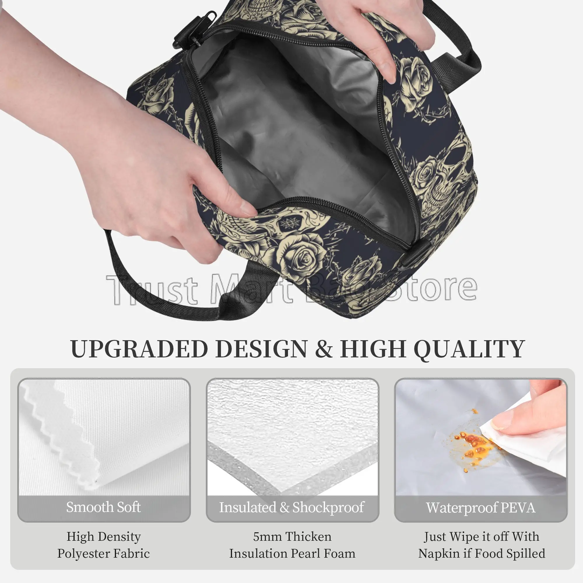 Vintage Tattoos Skull Rose Insulated Lunch Bag Women Waterproof Reusable Thermal Bento Lunch Box with Adjustable Shoulder Strap