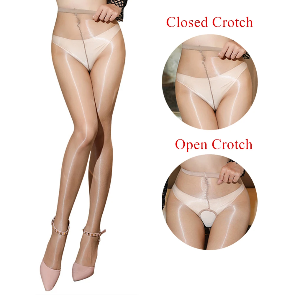النفط لامعة السلس جوارب طويلة عالية الخصر تصميم 1D شير لامعة الجوارب رقيقة جدا مفتوحة المنشعب مثير الملابس الداخلية الفخذ العليا جوارب