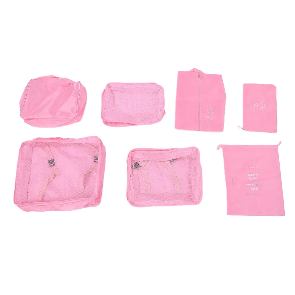 7 Pcs Durable Mesh Breathable Travel Packing Cubes Polyester Pink Luggage Pouchs Practical Packing Bags Camping