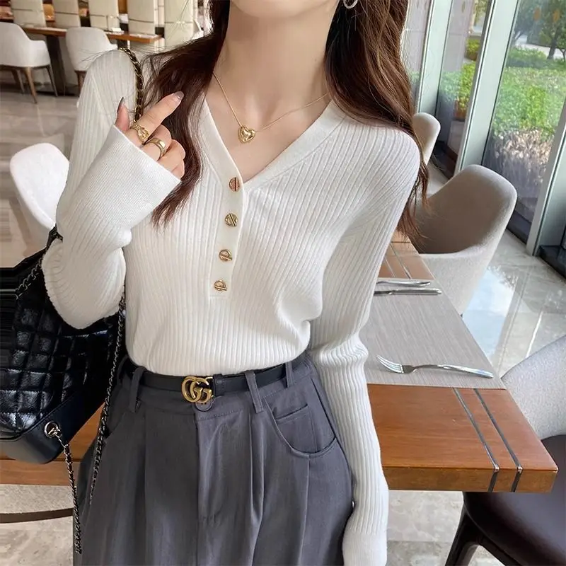 Women Autumn Winter Korean New V-neck Sweater Solid Buttons Look Thinner Versatile Knit Cozy Upscale Sweater Long Sleeved Tops