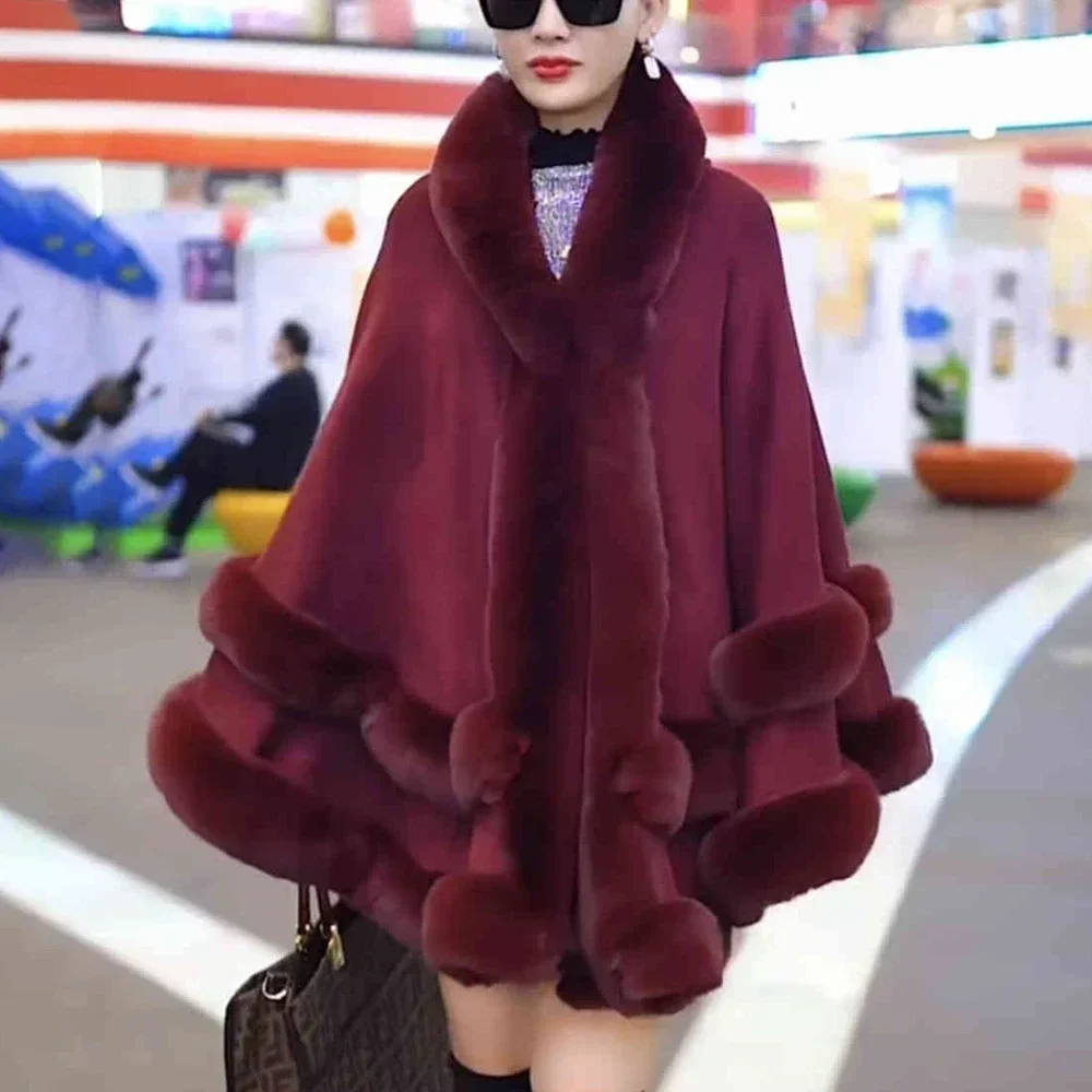 Elegant Faux Fur Trim Cape Shawl Premium Synthetic Fiber Warm Poncho Fit Hooded Kintted Cloak Plus Size for Women Winter Fashion