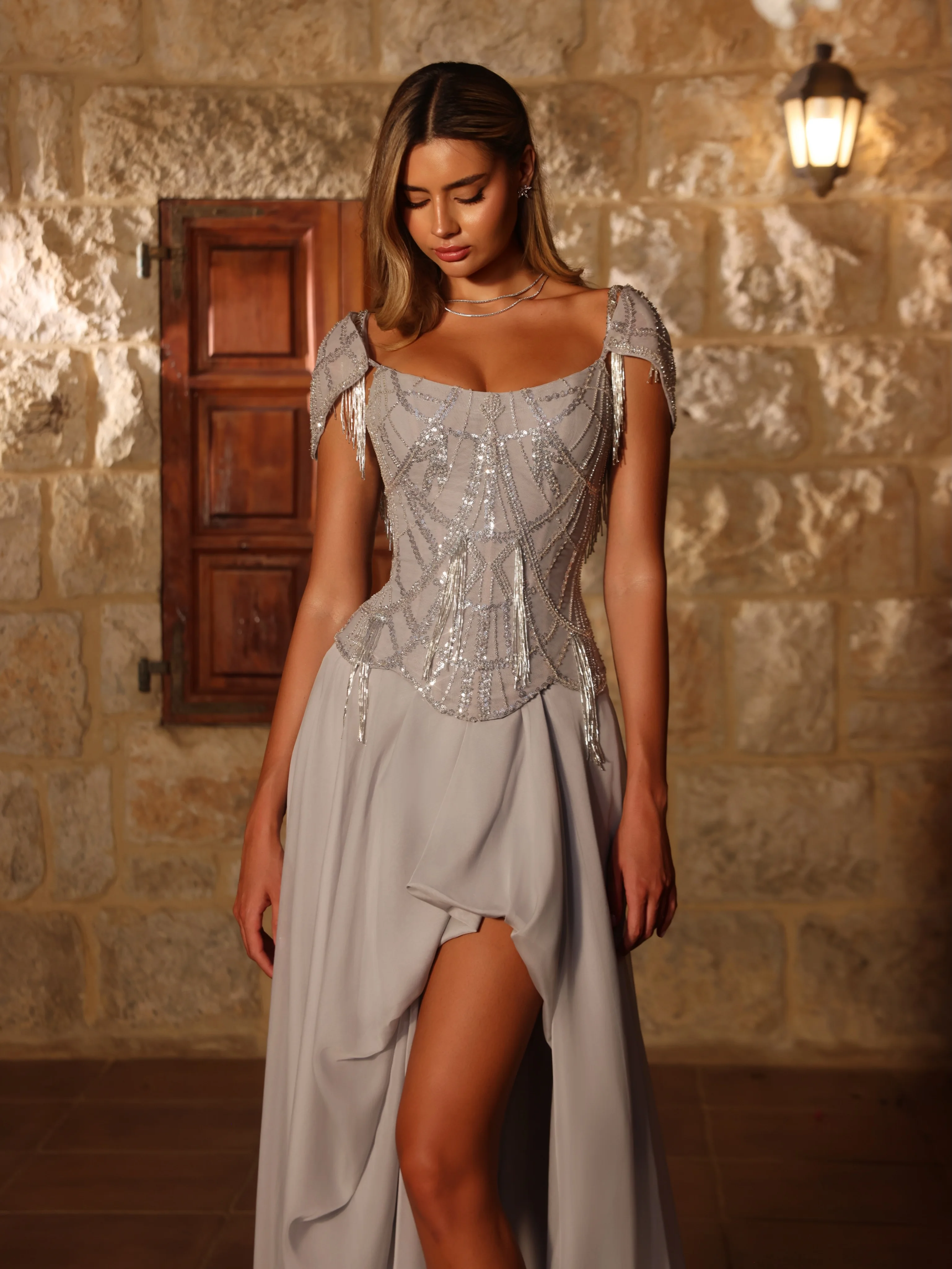 Elegant Off the Shoulder A-Line Prom Dress Chest with Sequins Beads Tassel Front Slit Evening Dress Party Gowns 2026 Customized