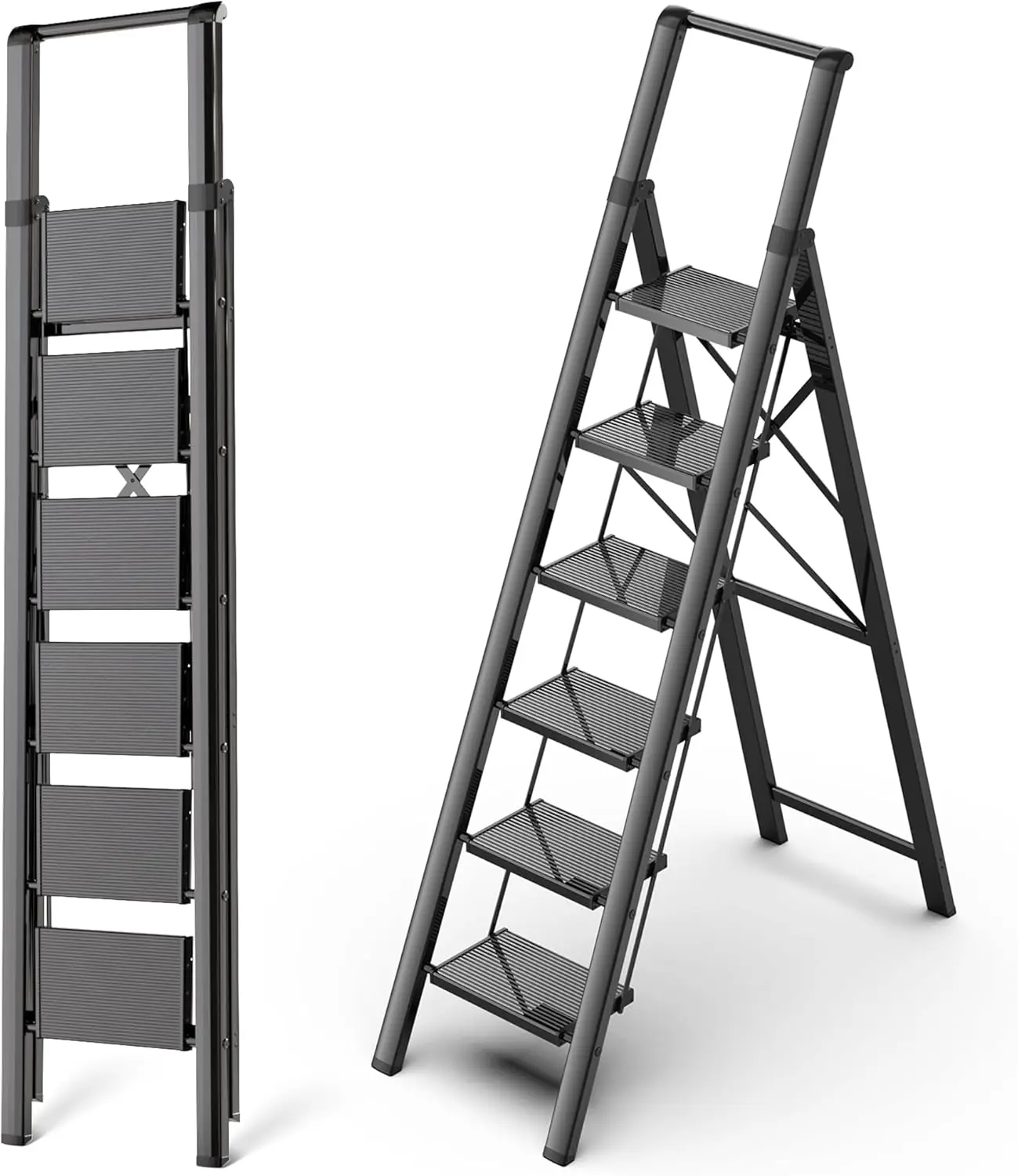 6 Step Ladder, Aluminum Folding Step Stool with Anti-Slip Sturdy and Wide Pedal, Portable Lightweight Stepladder with Co