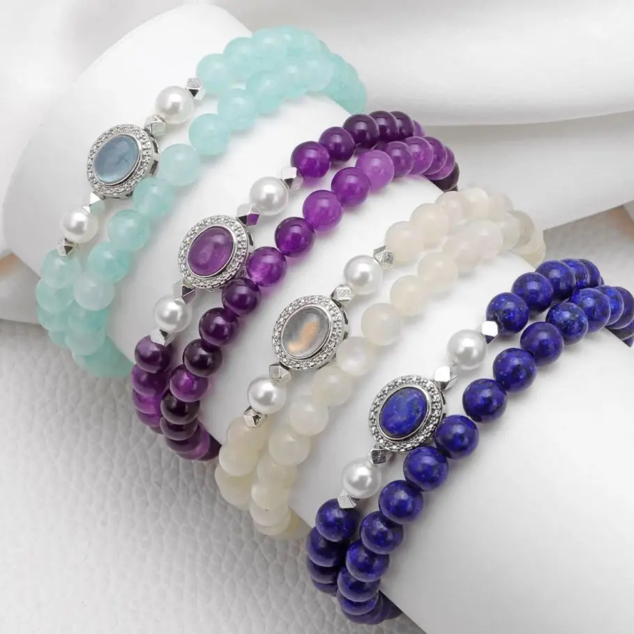 Blue Lapis Lazuli Gem Charm Bracelet 2Pcs Lapis Lazuli Moonstone Bead Bangle New Fashion Jewelry Gift For Women Friend Couple
