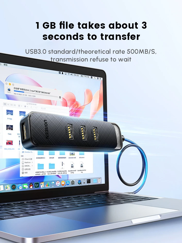 UGREEN 4-портовый концентратор USB 3.0, USB-сплиттер ABS, передача данных 5 Гбит/с, USB-удлинитель для ноутбука