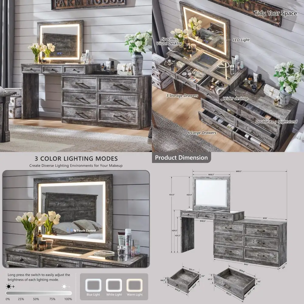 

Farmhouse Style Corner Desk with Glass Top and 9 Storage Drawers for Bedroom Vanity Use