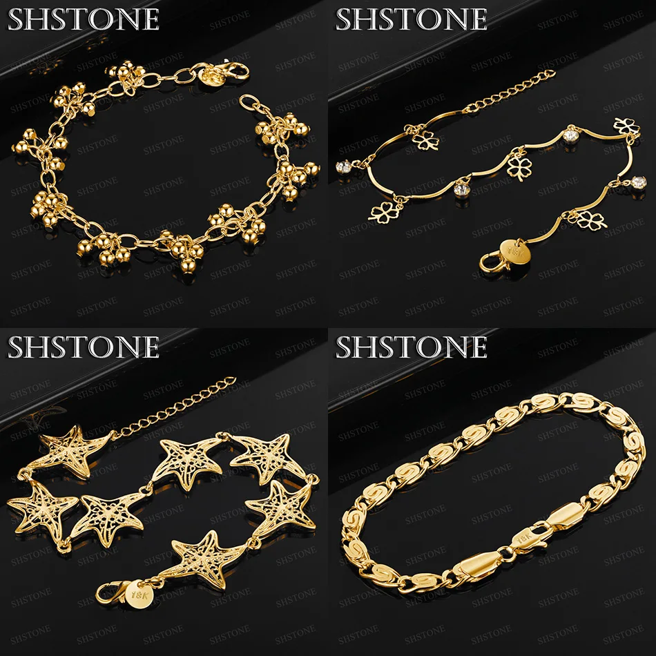 

New 18k Gold Bead Starfish Four Leaf Clover Side Chain Bracelet Women Birthday Party Fine Nice Cute Jewelry Gift 20cm Chain