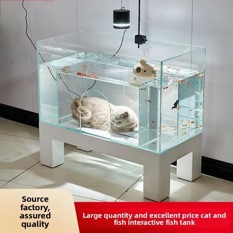Cat nest fish tank integrated small household tunnel cat ultra-white ornamental fish tank can be drilled and lying down