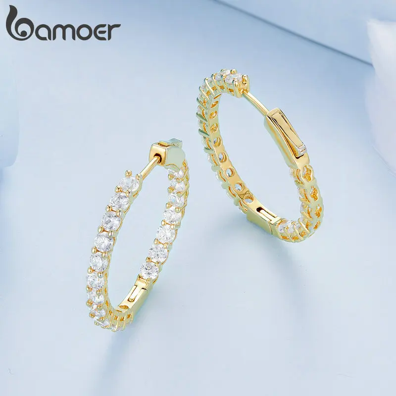 Bamoer Luminous Cubic Zirconia Ear Buckles Classic Round Hoop Earrings for Women Birthday Gift Hyperbole Earrings Jewelry