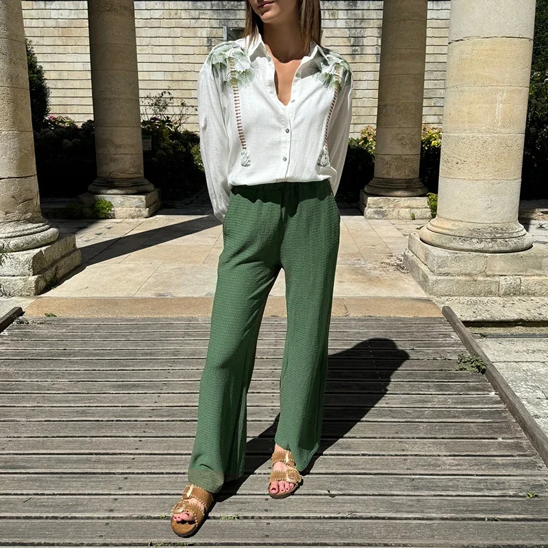 Letni Nowy Damski Strój Dojazdowy Modny Z Nadrukiem Roślin Casualowe Koszule z Długim Rękawem + Spodnie Garnitury Wakacyjne na Plażę Luźne Dwuczęściowe Komplety