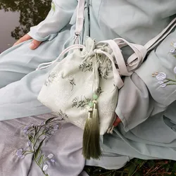 Bolso Hanfu tradicional chino, bolso Hanfu de estilo literario antiguo, cartera con borlas, bolso bordado con patrón de bambú para mujer