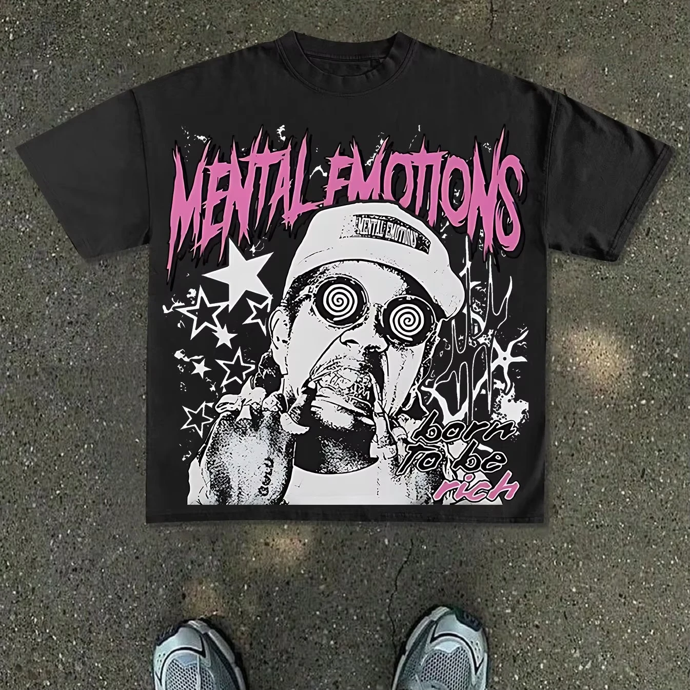 Men'S New T-Shirt Featuring A Loose White Base, Black and White Character Prints Combined with Exaggerated Pink Text Saying