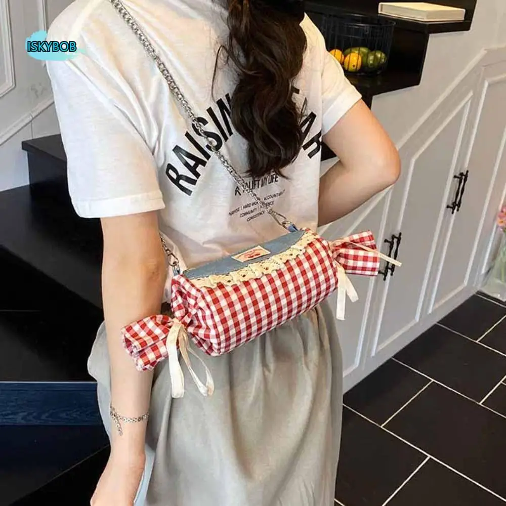 

Canvas Candy Shape Bag Cherry Metal Chain Red Plaid Crossbody Bag Storage Pouch Portable Denim Lace Shoulder Bag Women