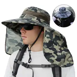 Outdoor Camouflage Bucket Hat with Removable Shawl Unisex Summer Large Brim Sun Hat Waterproof Quick-Drying Hiking Fishing Hat