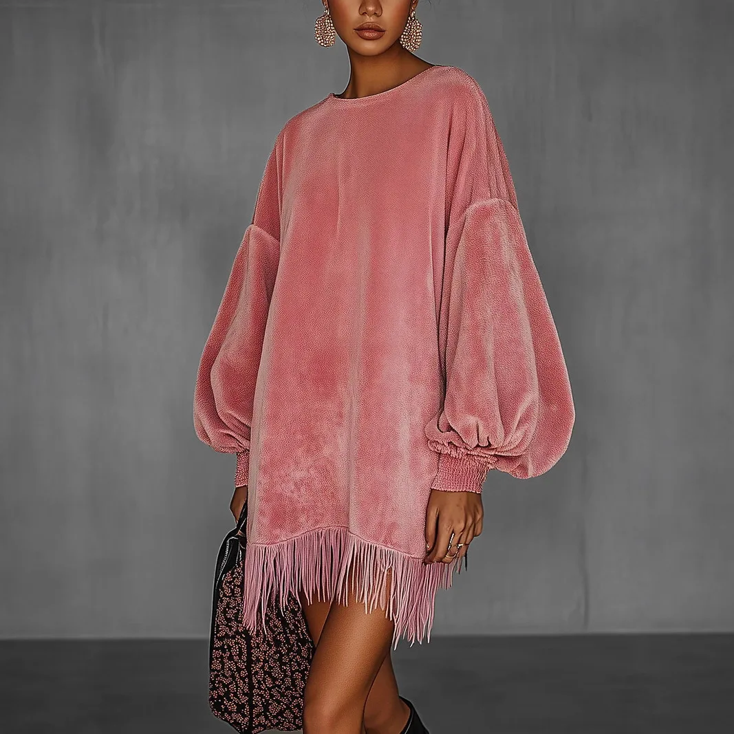 

American Styles Fashion Tassel Women Mini Dress Round Neck Long Sleeve Fringe Hem Party Dress Autumn High Street Woman Dress