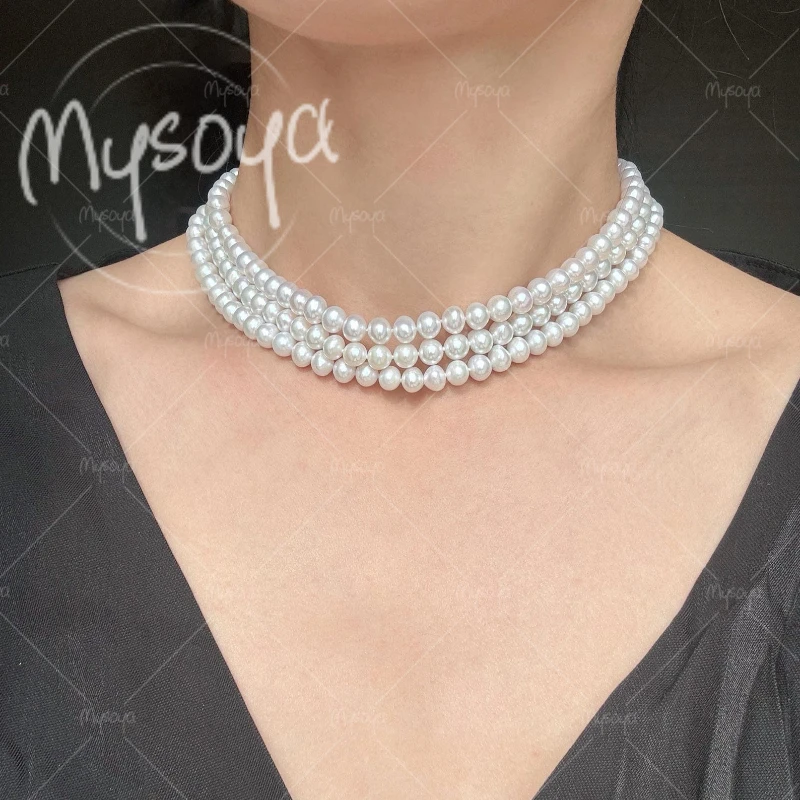

MYSOYA 6-7mm Three-layer White Freshwater Pearl Necklace, Suitable for Birthday/ Wedding/ Mother's Day/ Father's Day Gift A0748