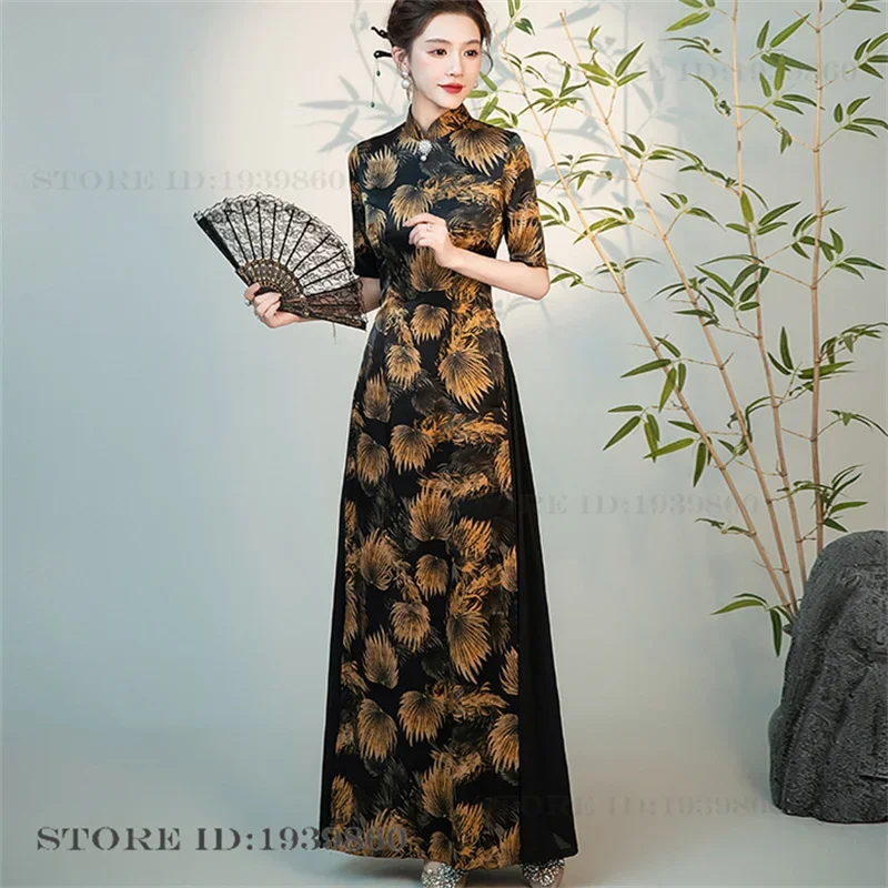 

Traditional Chinese Style Dress Aodai Oversized Improved Qipao Vintage Classic Mandarin Colla Long Cheongsam Satin Vestidos 5XL