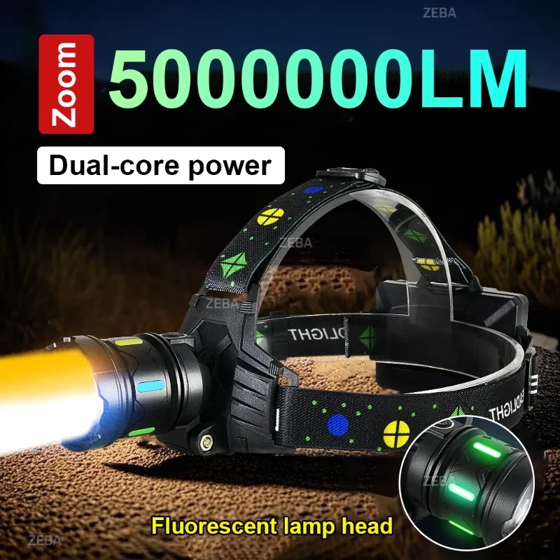 5000000LM Strong Light LED Headlight Powerful Headlight Led Head Rechargeable Head Lamp with Fluorescent Light Outdoor Fishing