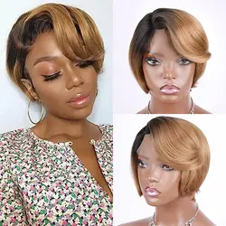 Kurze Bob Pixie Cut Braun Spitze Perücken Gerade Natürliche Haar Synthetische Seite Teil Maschine Gemacht Ombre Blonde Perücken Für Drag königin