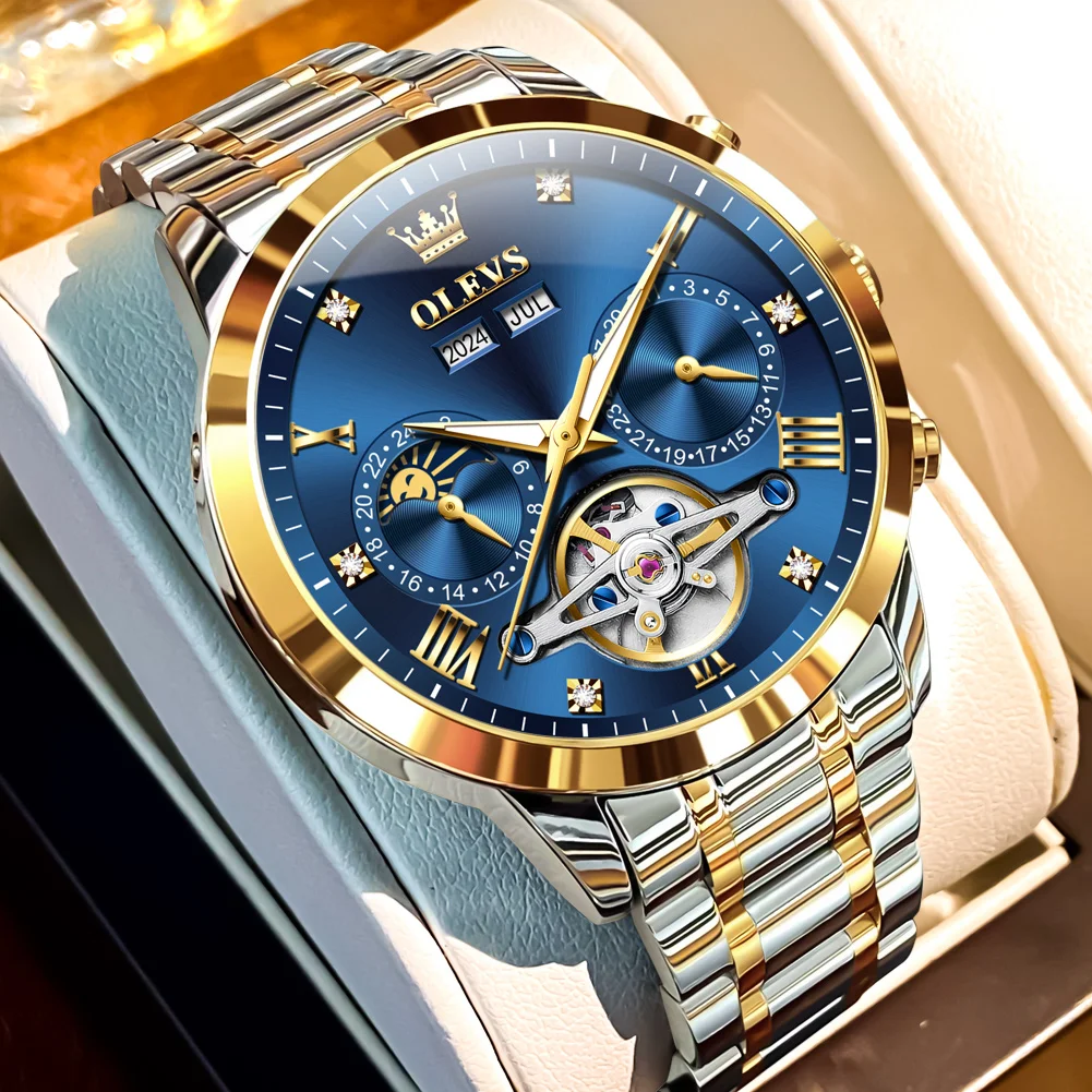 

OLEVS мужские часы оригинальный бренд турбийон автоматические механические часы дата фаза Луны водонепроницаемые роскошные светящиеся часы