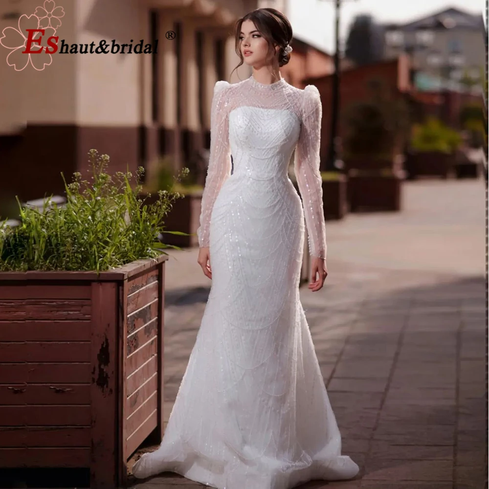 Elegant Wedding Evening Dress for Women 2024 Long Sleeves Mermaid Detachable Train Pearls Formal Prom Party Gowns Customized