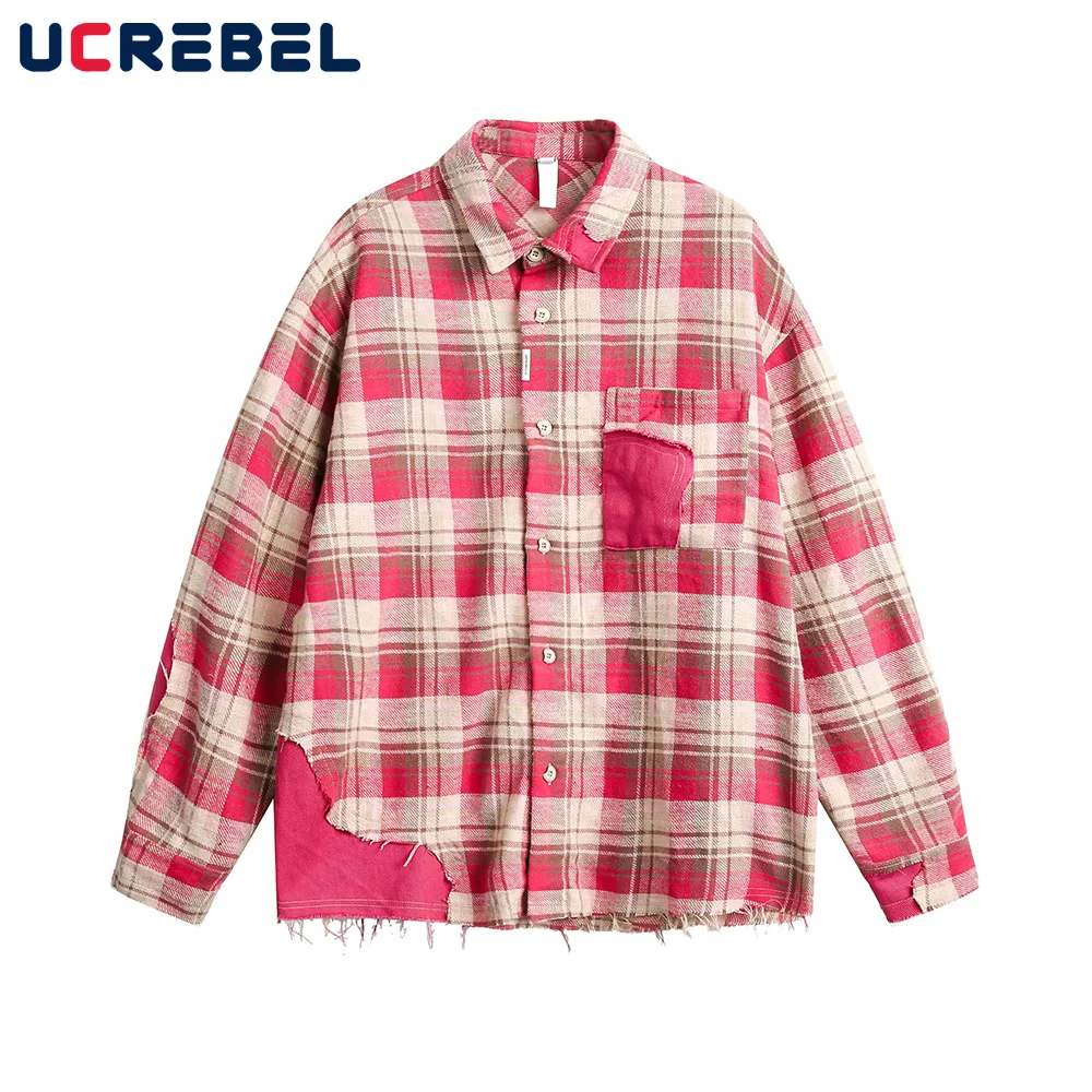 Patchwork Plaid Shirts Mens Spring High Street Single Breasted Loose Lapel Long Sleeve Raw Edge Shirts Men