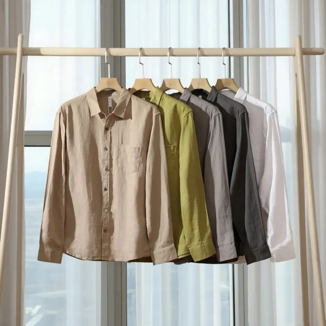 

Italian Sle Men's Long Sve irt Waed Linen Casual Wear Comfortable Breathable Pure Color High End Feeling Trendy