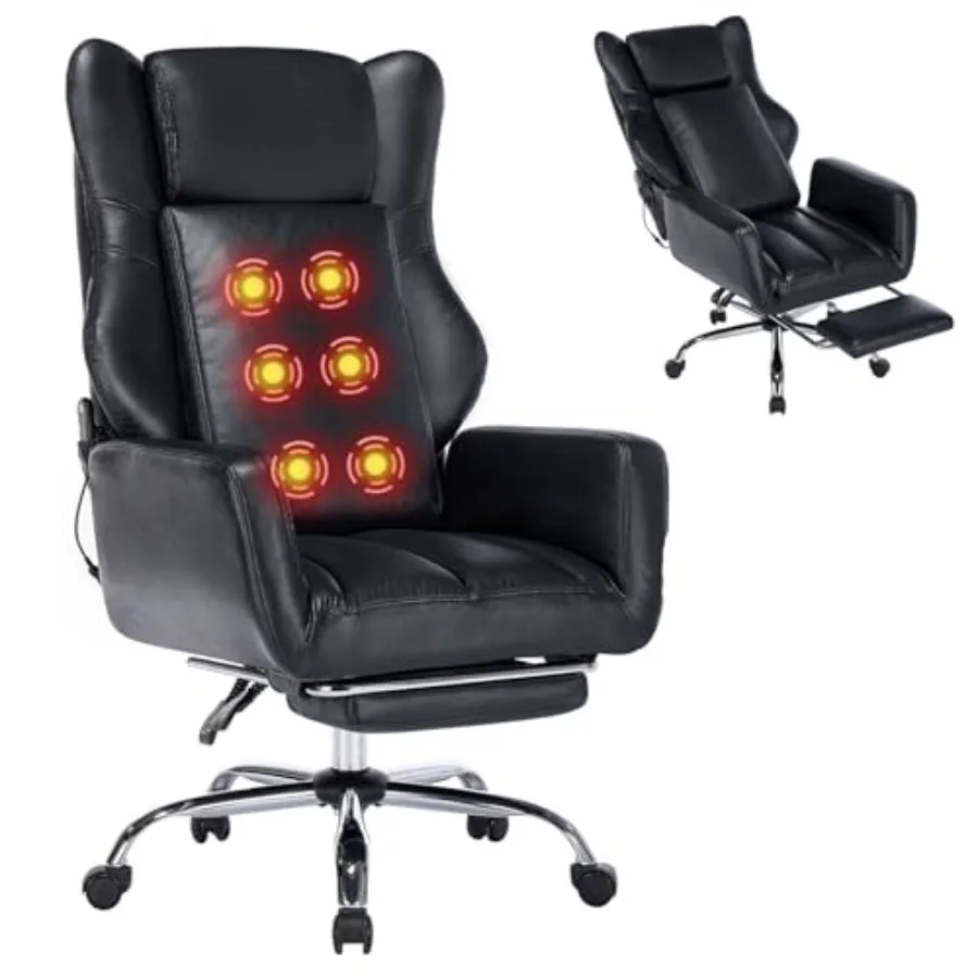 

Черное кожаное офисное кресло с массажем и подставкой для ног, усиленное, для работы за столом, поворотное, эргономичное, для компьютера и игр, с L-образной спинкой