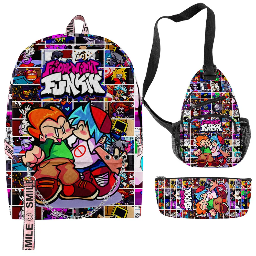 

Harajuku Novelty Cool Friday Night Funkin 3D Printed 3pcs/Set School Bags multifunction Travel Backpack Chest Bag Pencil Case