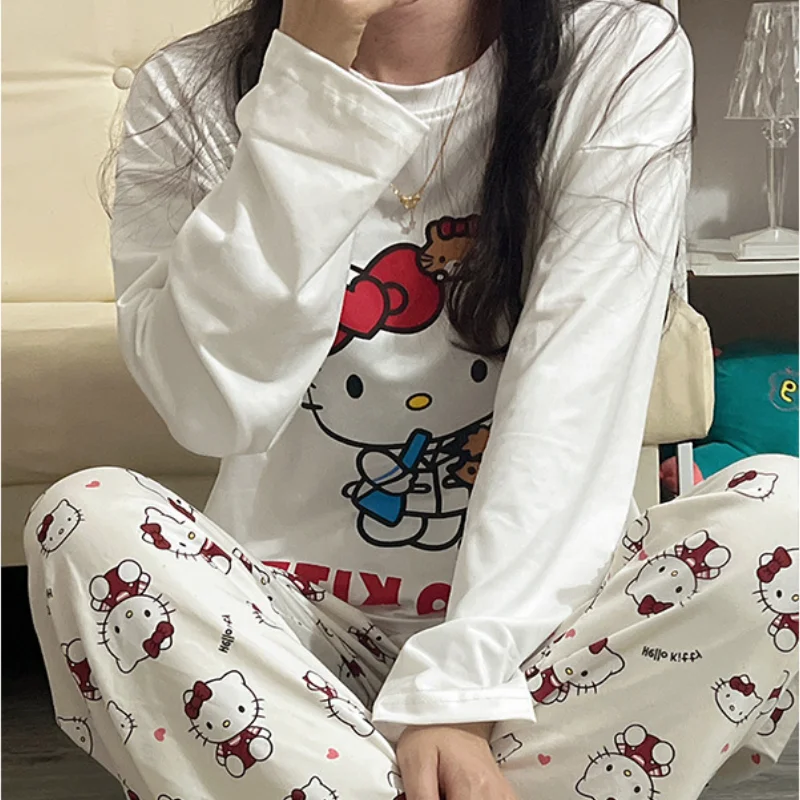 

Горячие пижамы Hello Kitty на весну и осень, женские свободные пижамы с круглым вырезом, кавайный комплект домашней одежды в стиле аниме, молодежная повседневная одежда